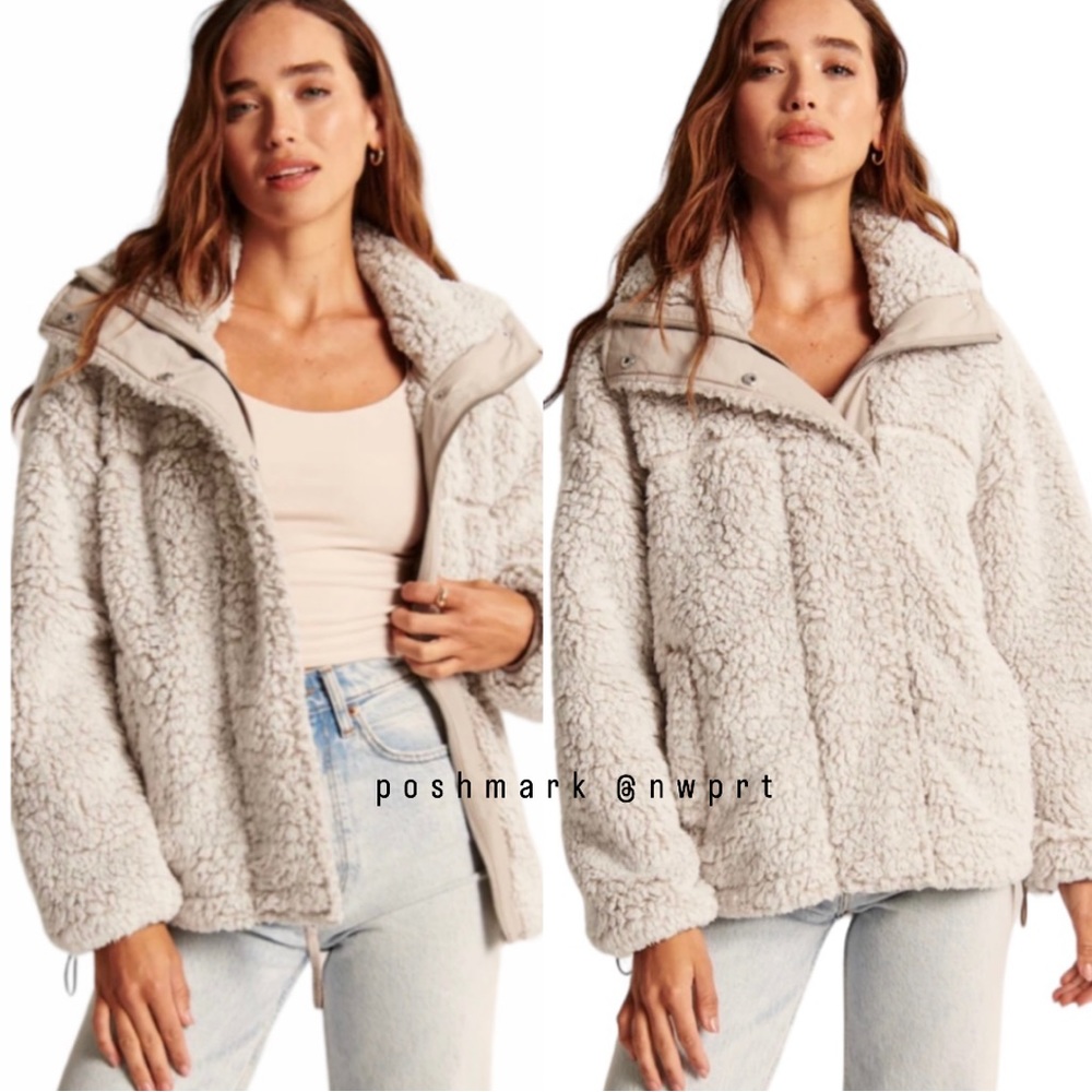 ABERCROMBIE & FITCH Cinched Cocoon Sherpa Fleece Faux Fur Jacket Beige XXS XS - Picture 1 of 13